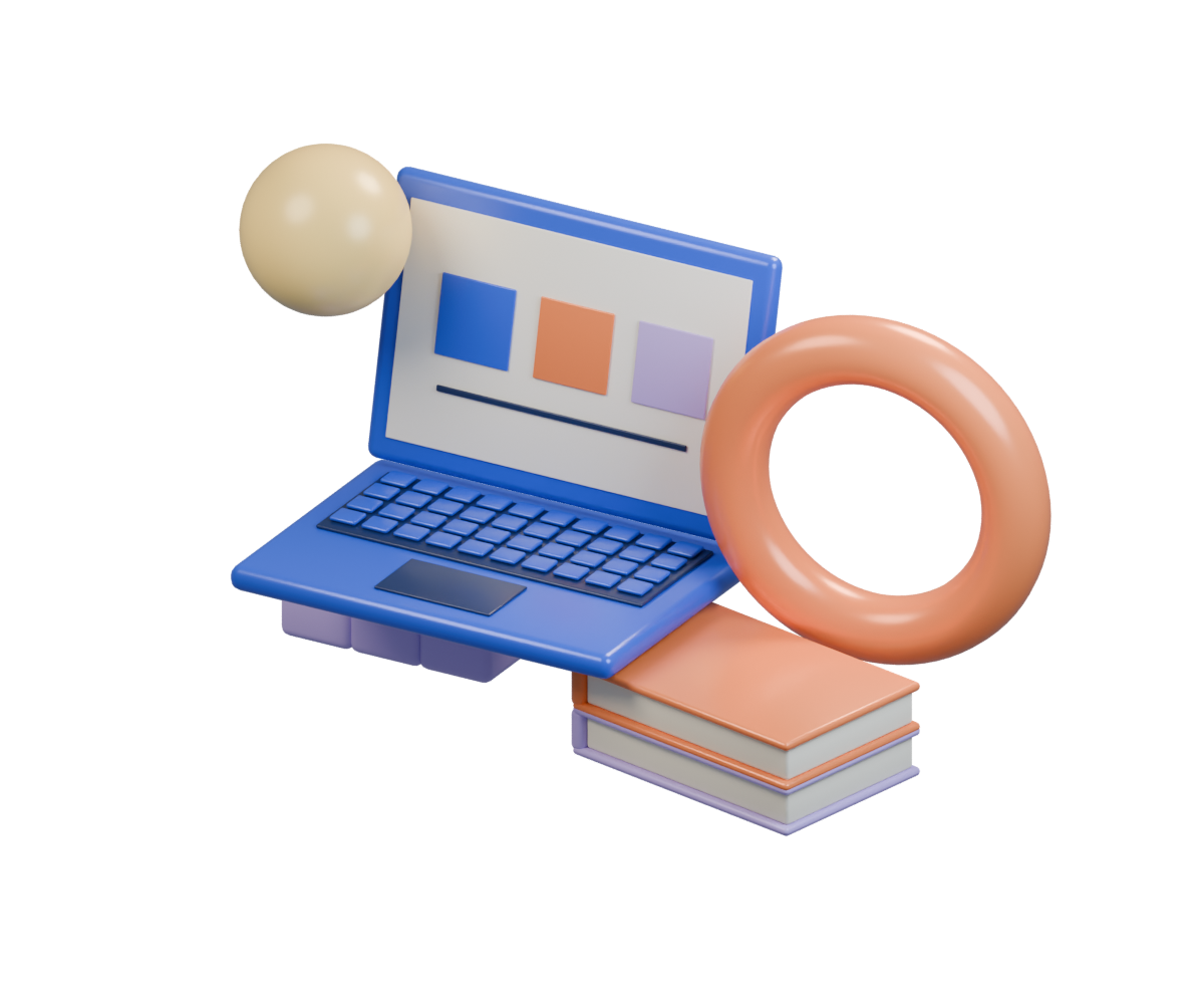 A rendered arrangement of a blue laptop, orange ring, books, blocks, and sphere