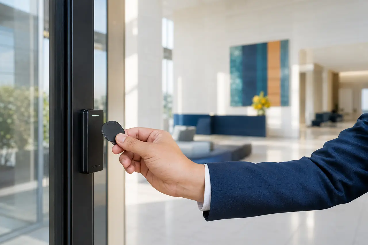 A hand presenting an access fob to a modern door reader