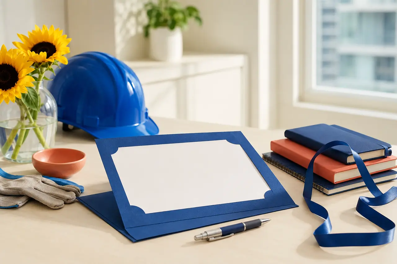 Certificate folders, notebooks, a pen, and safety equipment arranged on a bright desk