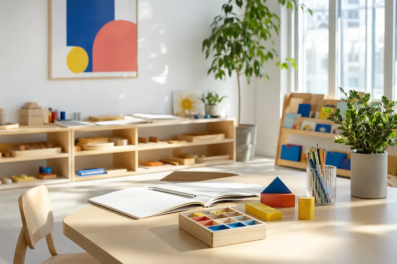 A sunlit learning space with wooden materials, colourful blocks, books, and art supplies