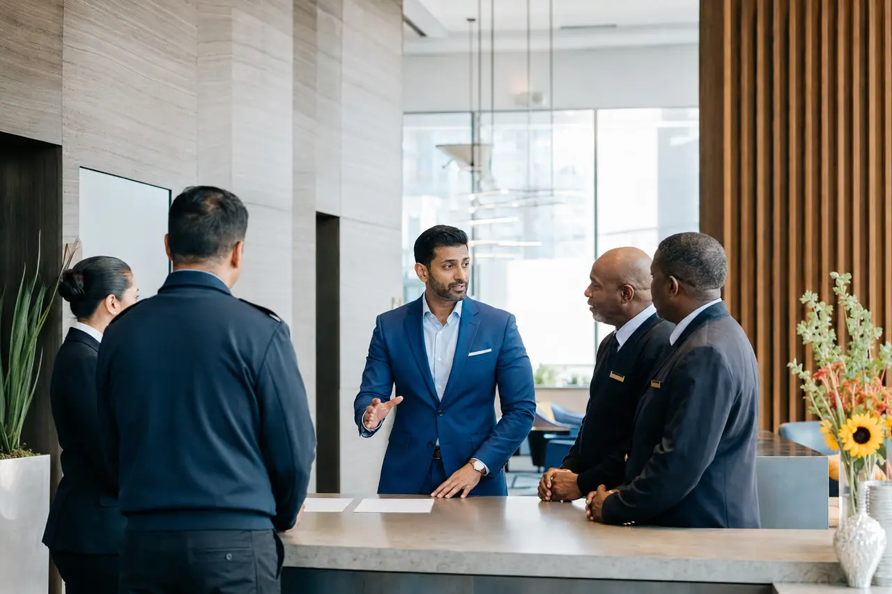 An operations leader briefing a team in a bright professional lobby