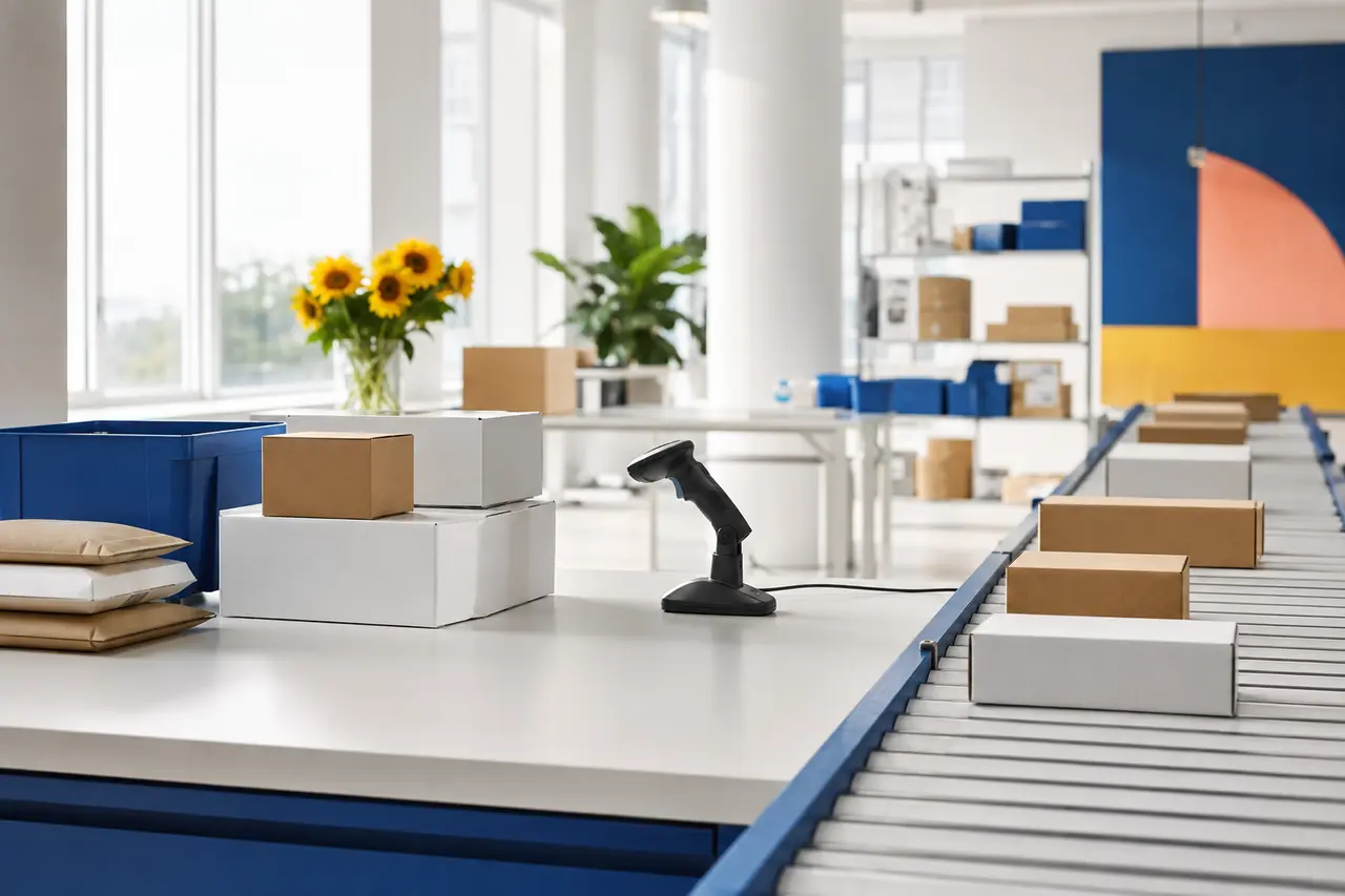 A clean fulfillment station with organized unbranded parcels and conveyor equipment