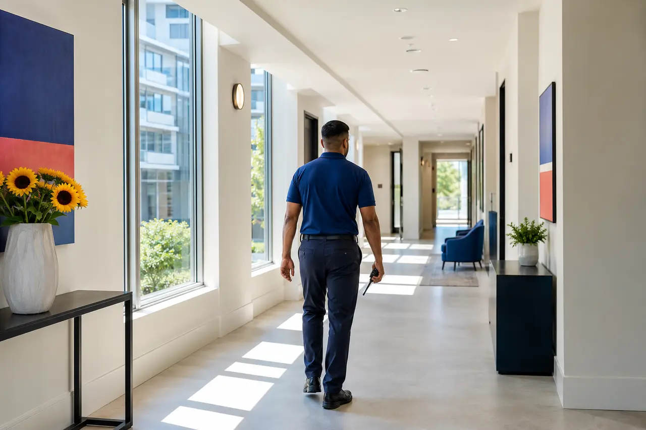 A security professional walking a bright, quiet residential corridor