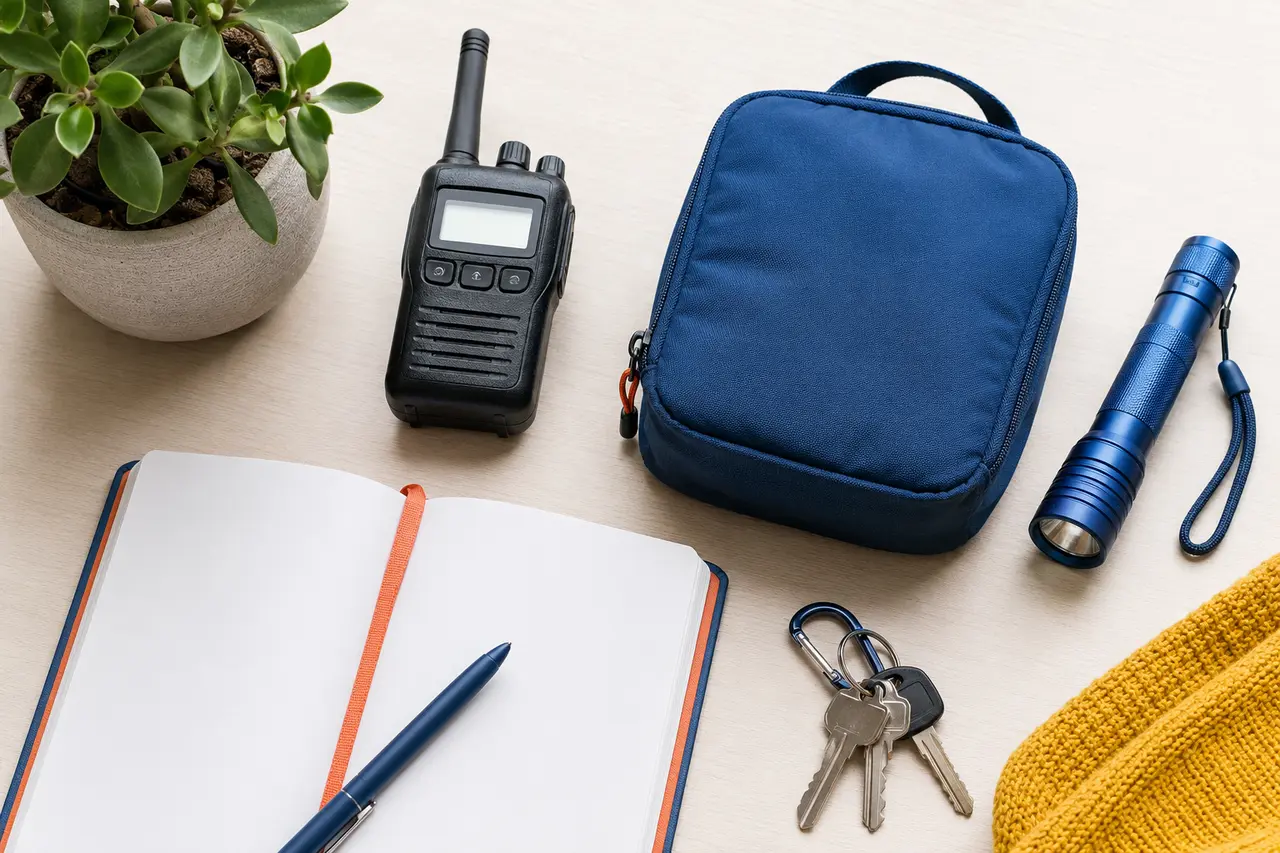 An organized emergency-preparedness kit with a radio, flashlight, notebook, and keys