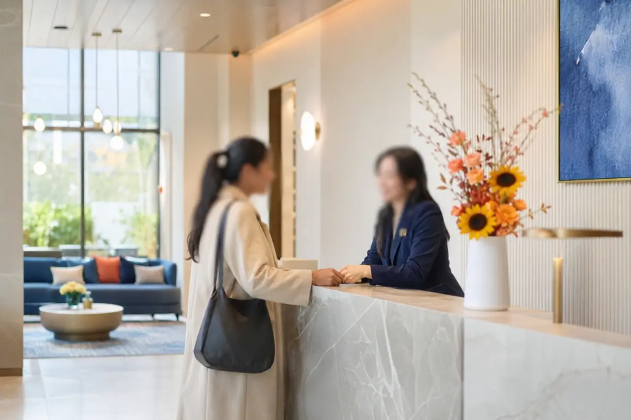A professional helping a visitor at a bright lobby desk