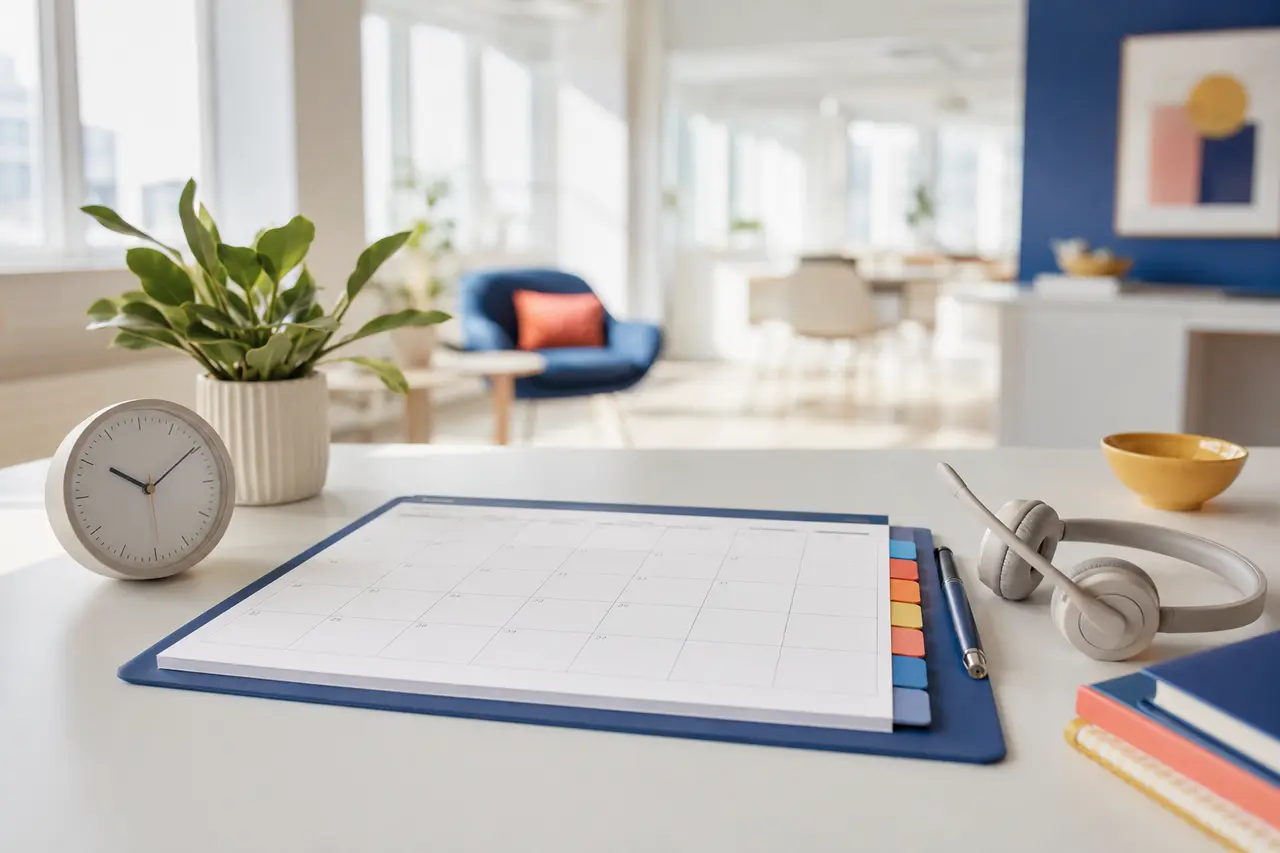 A bright operations desk with a blank calendar, clock, headset, and colour tabs