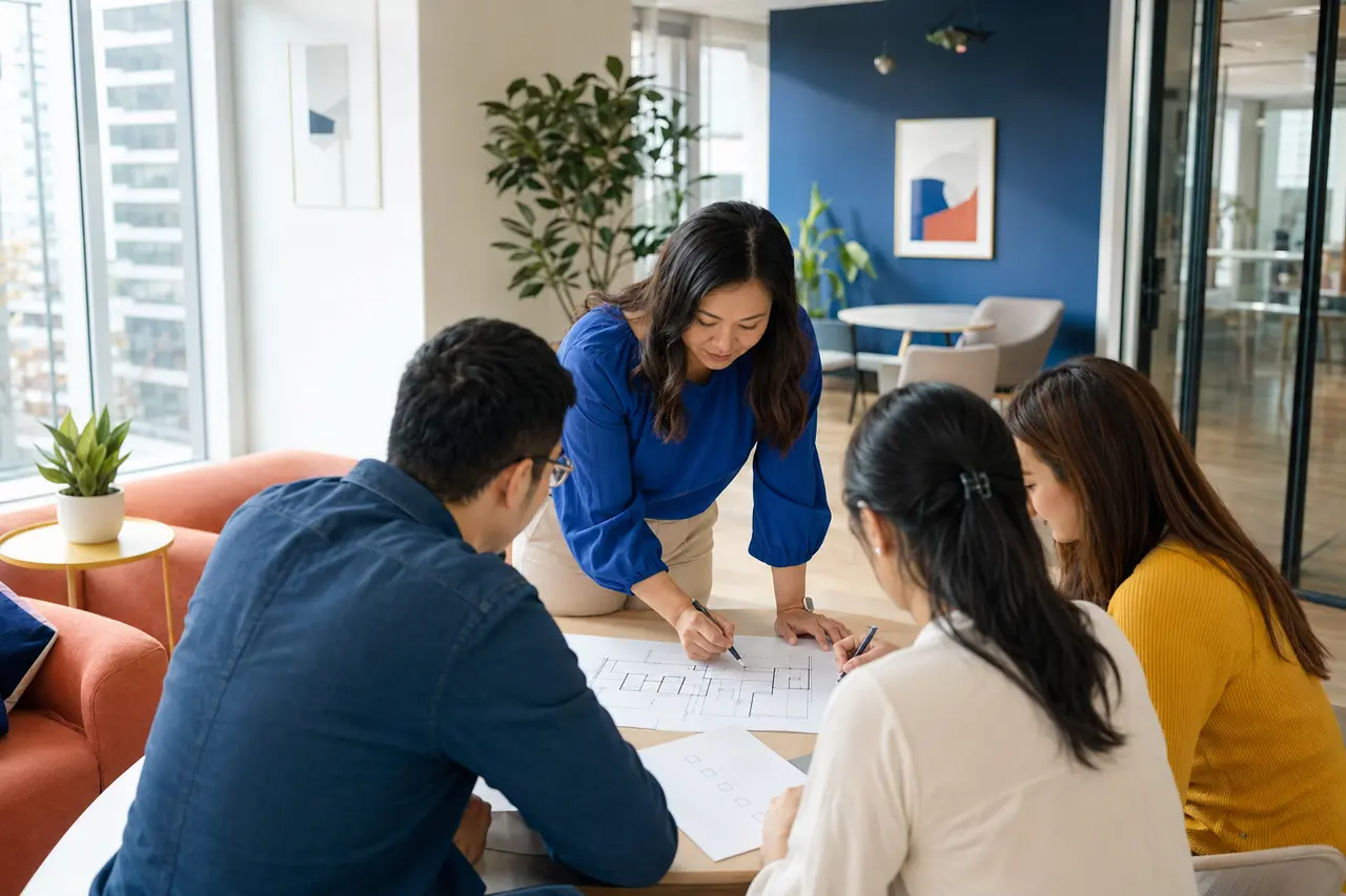 A mentor guiding a small team through a structured training exercise