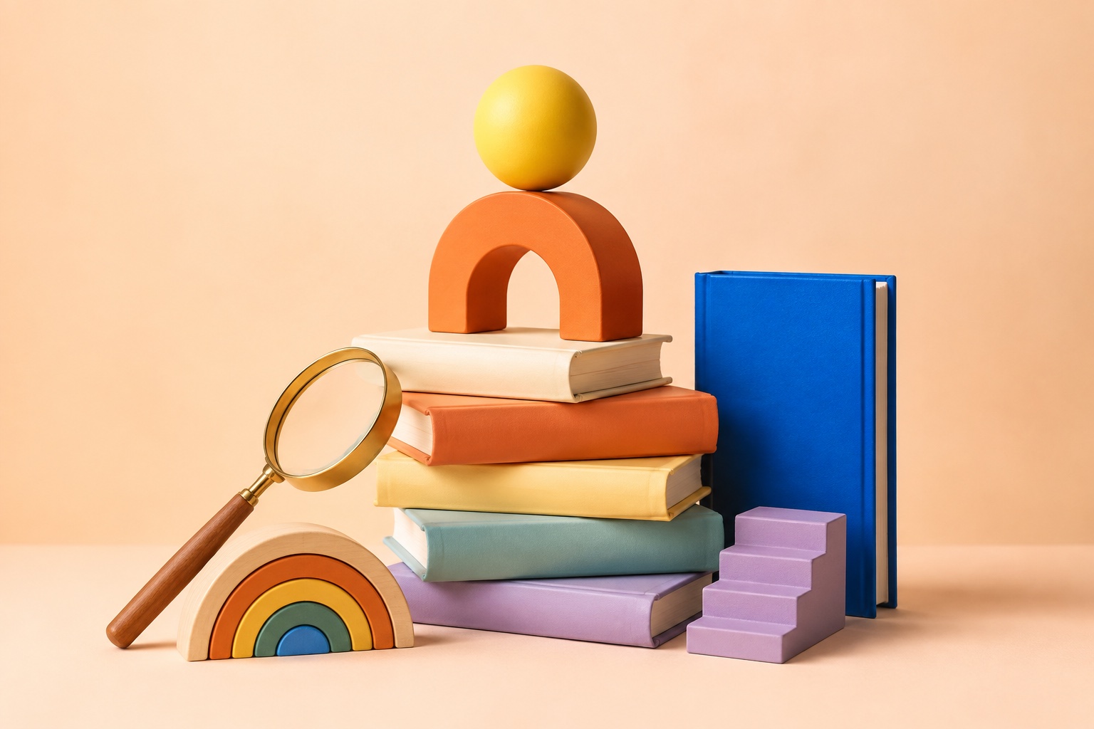Illustrative sculptural books and colourful building blocks