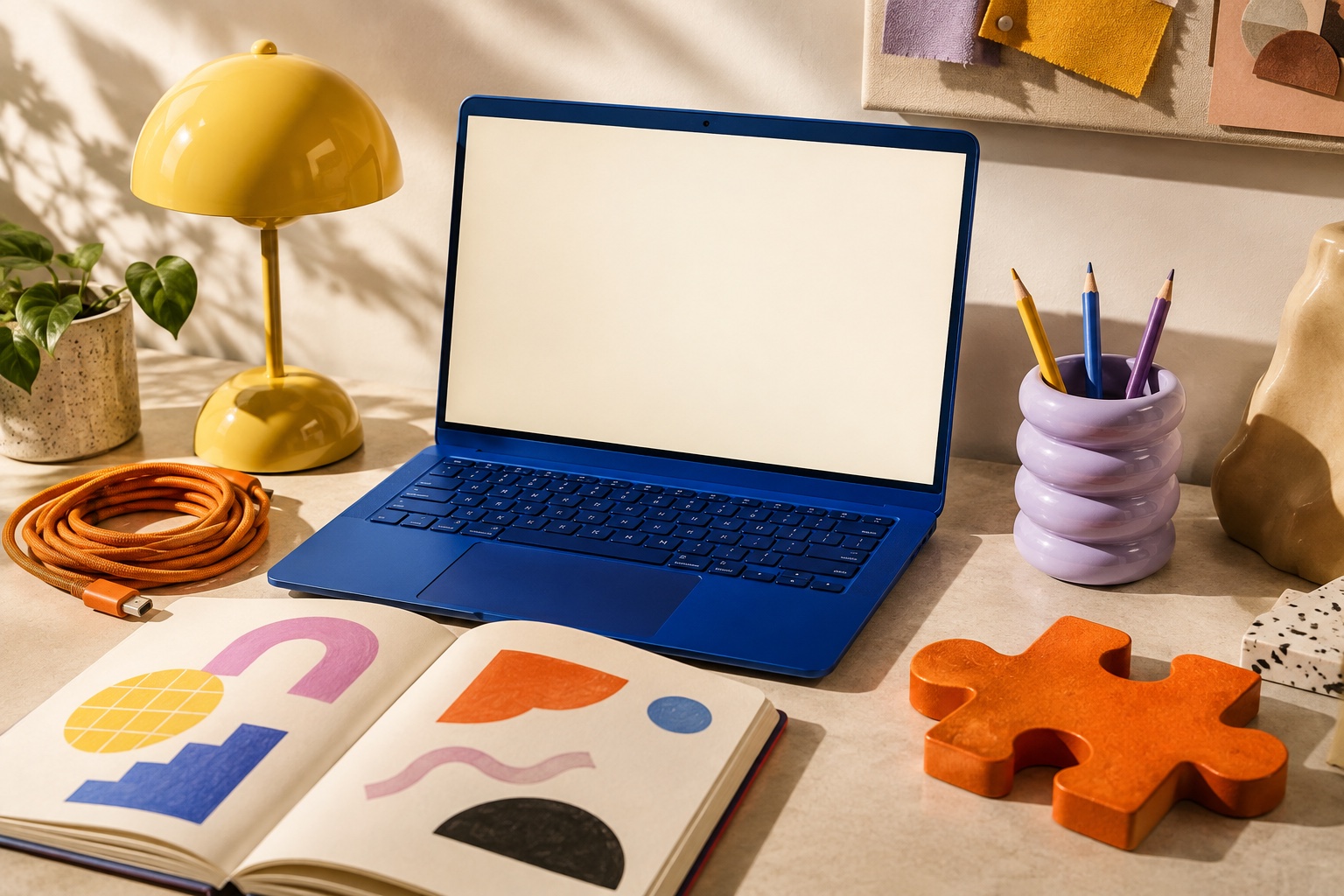 Illustrative creative desk with a blue laptop, notebook, and orange objects