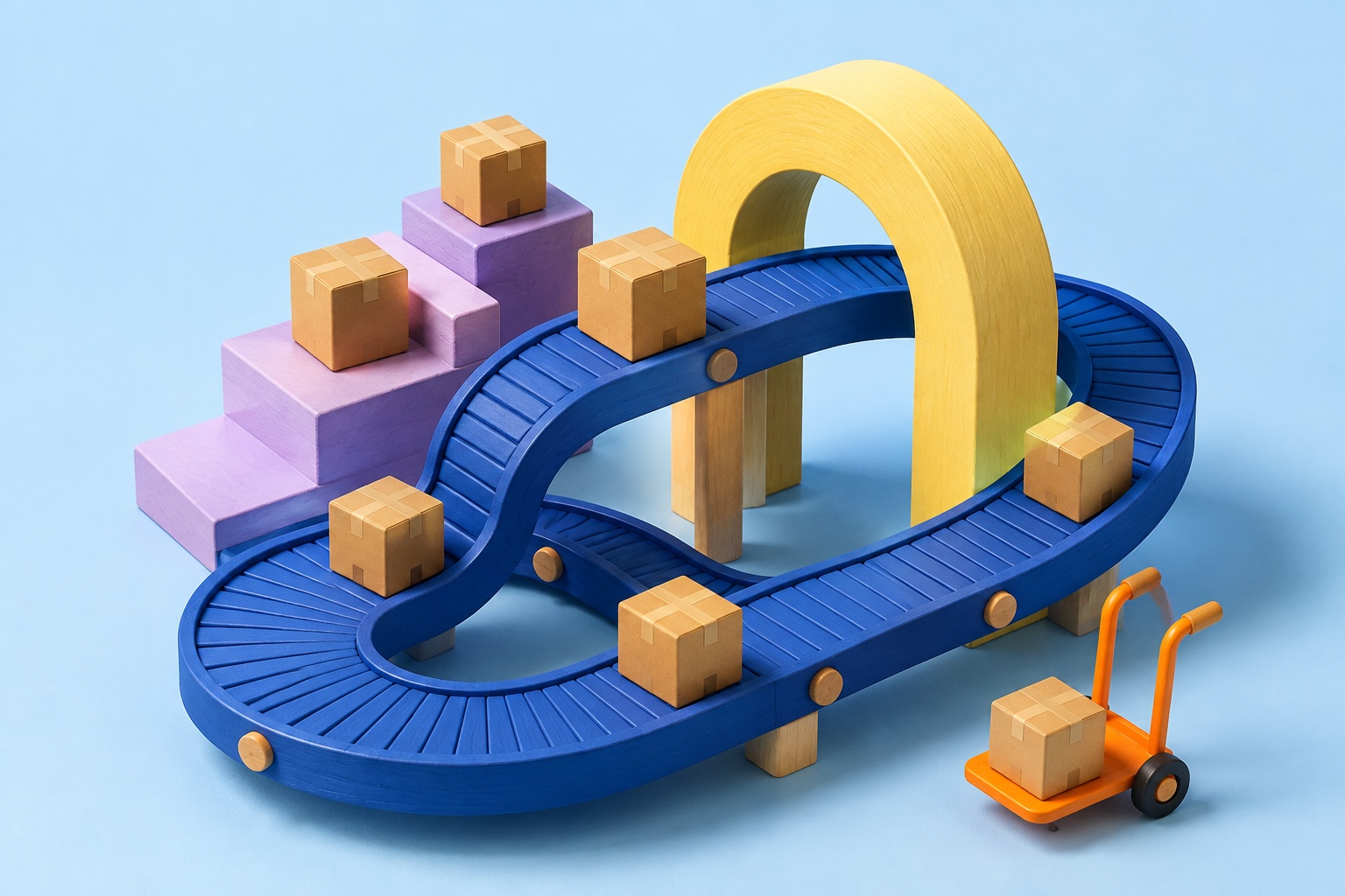 Illustrative miniature logistics scene with parcels, paths, and orange and blue shapes