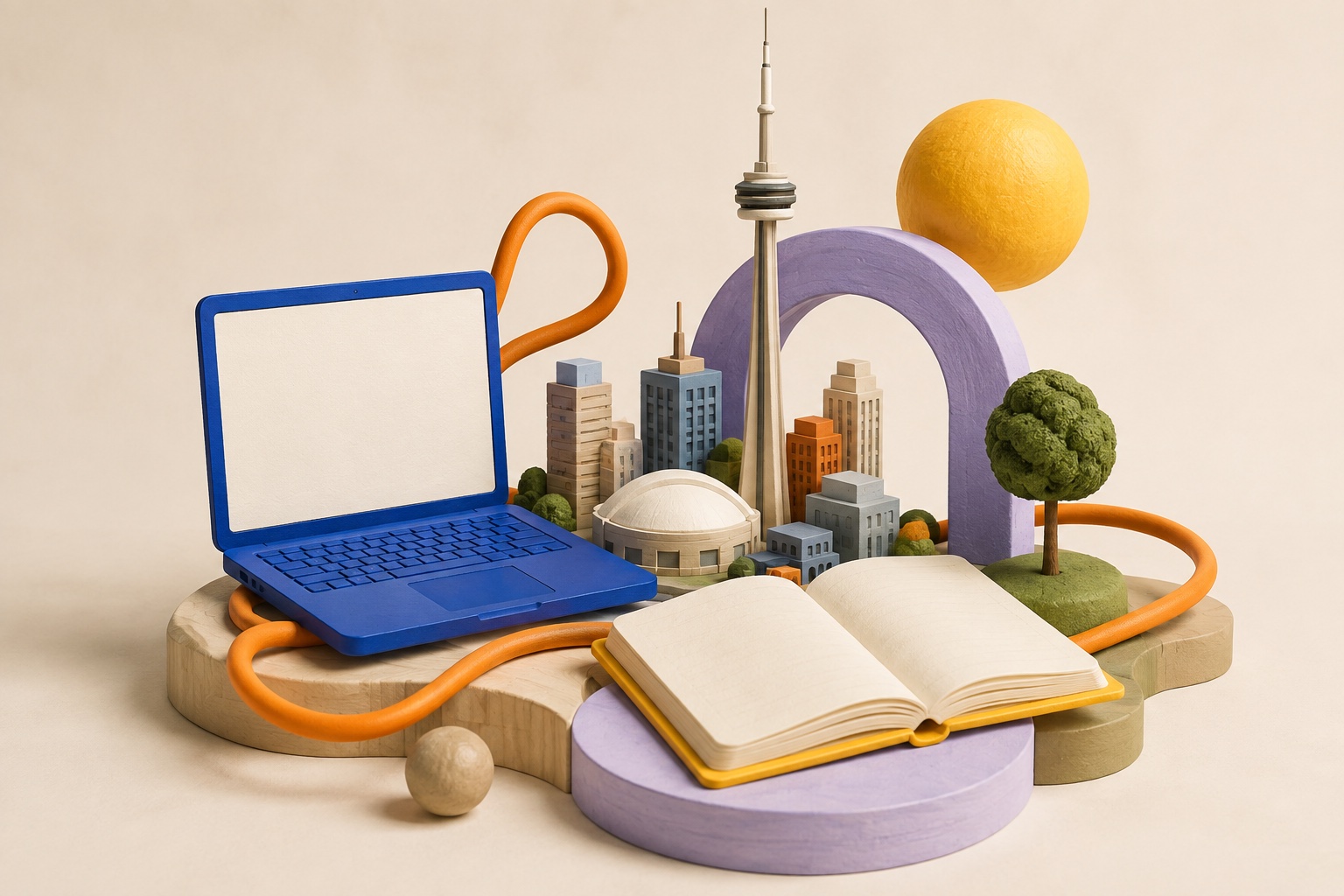 Illustrative miniature world with city architecture, a notebook, blue laptop, and playful orange forms