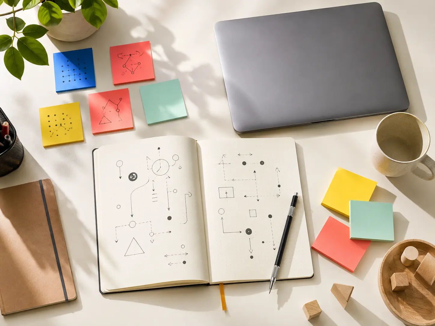 A bright desk with a notebook, colourful notes, and simple problem-solving diagrams