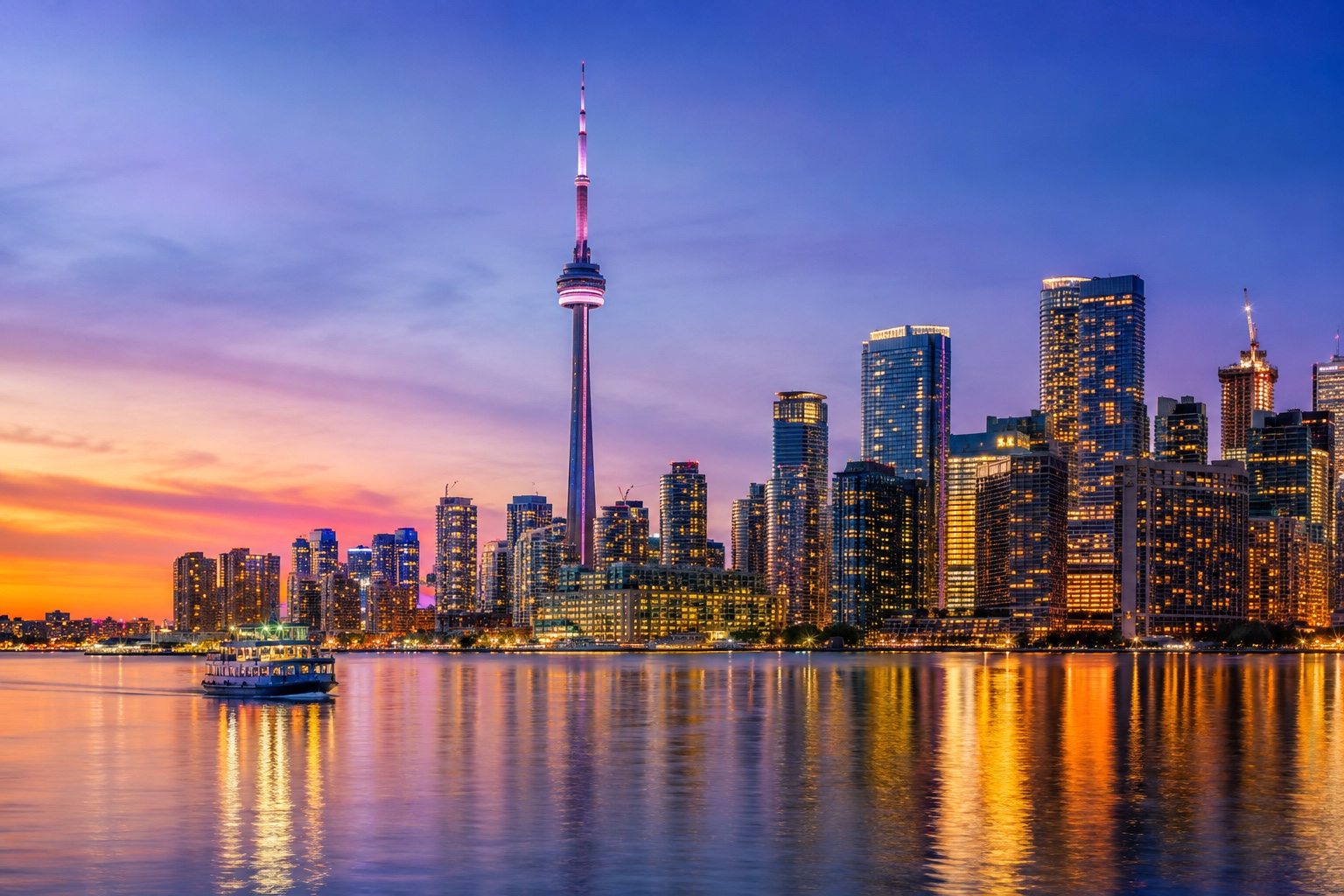 Illustrative Toronto waterfront at blue hour